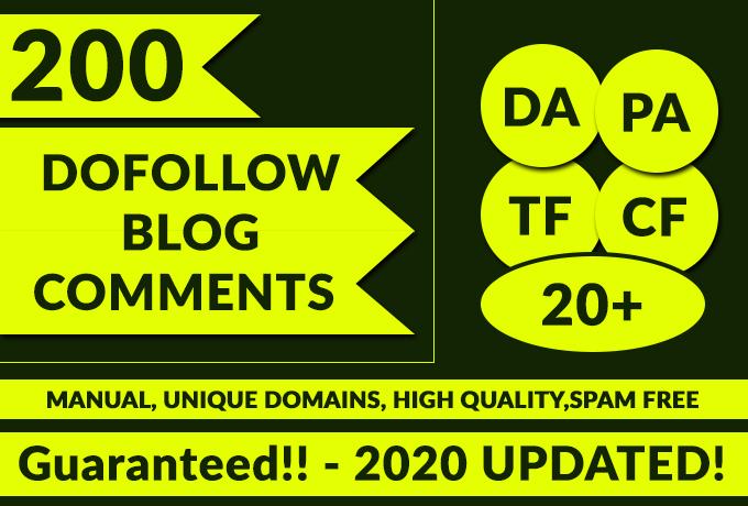 200 Dofollow Blog comments DA PA TF CF 20+ Guaranteed