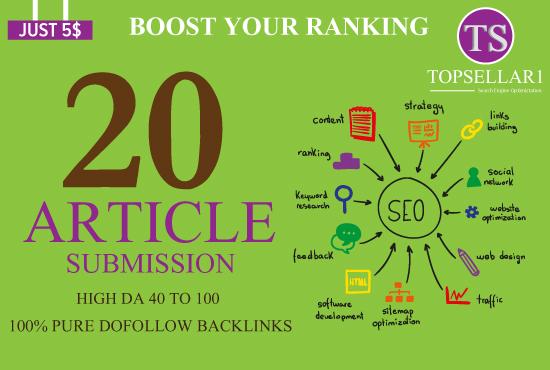 provide 20 unique article submission with da50 plus u...