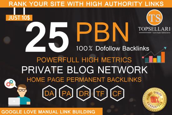 Build 25 PBN Dofollow and high da backlinks with 20+D...