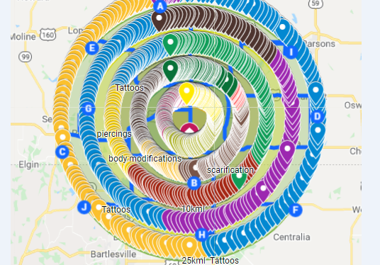 800 Google point map with 30 miles multiple radius fo...