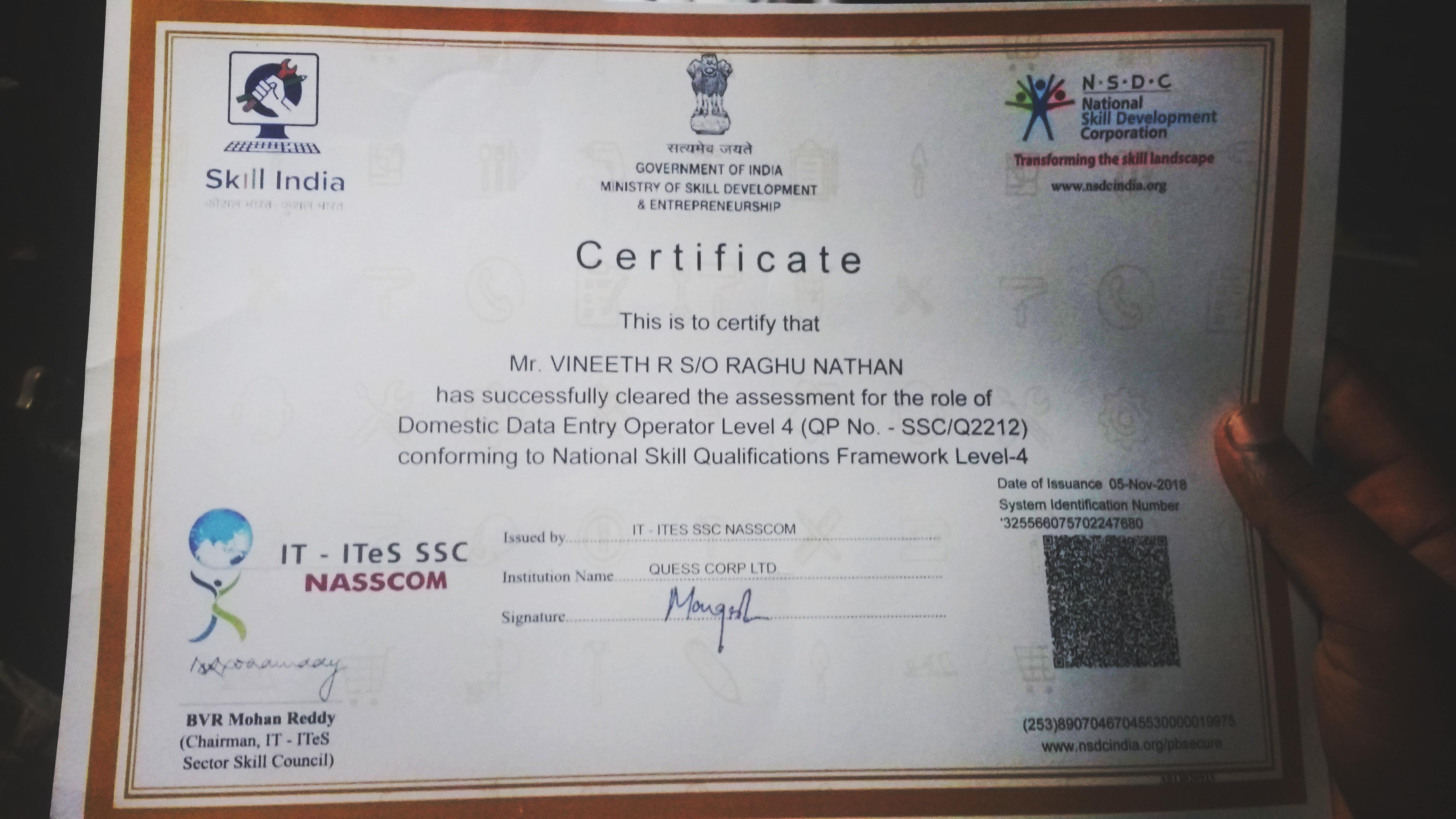 Domestic Data Entry Operator Level 4 Indian Govt. Cer...