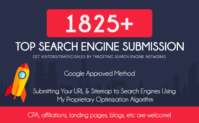 Submit your site to over 1825+ search engines and pin...