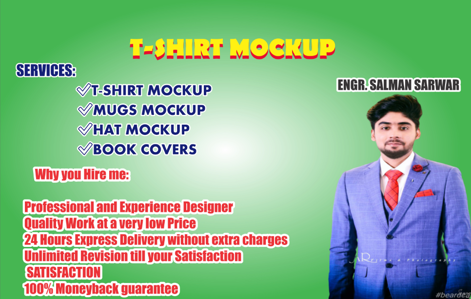 I will design t shirts mockups, mugs, hat, cap and...