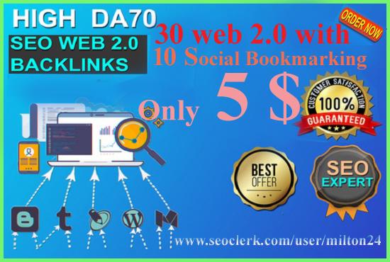 I will create 30 HQ web 2 0 SEO Backlinks with 10 soc...