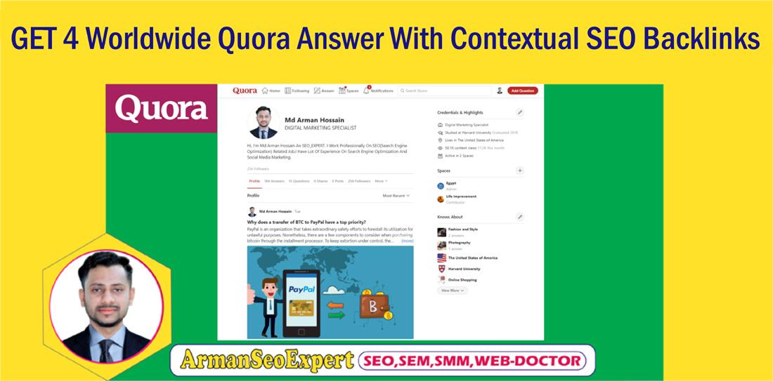 GET 4 Worldwide Quora Answer With Contextual SEO Back...