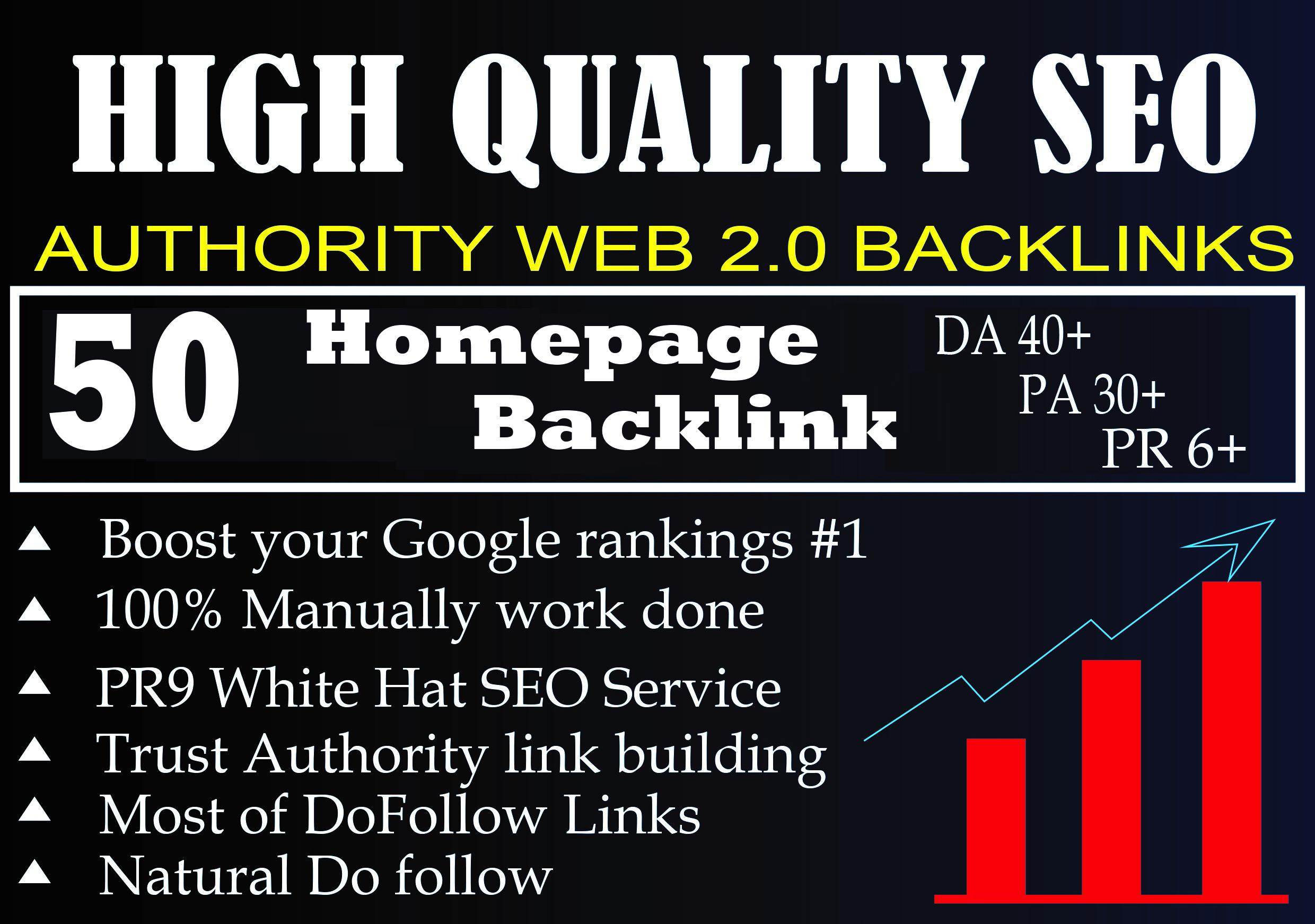DA 40+ PA 30+ PR 6+ Web2.0 50 homepage Backlink in 10...