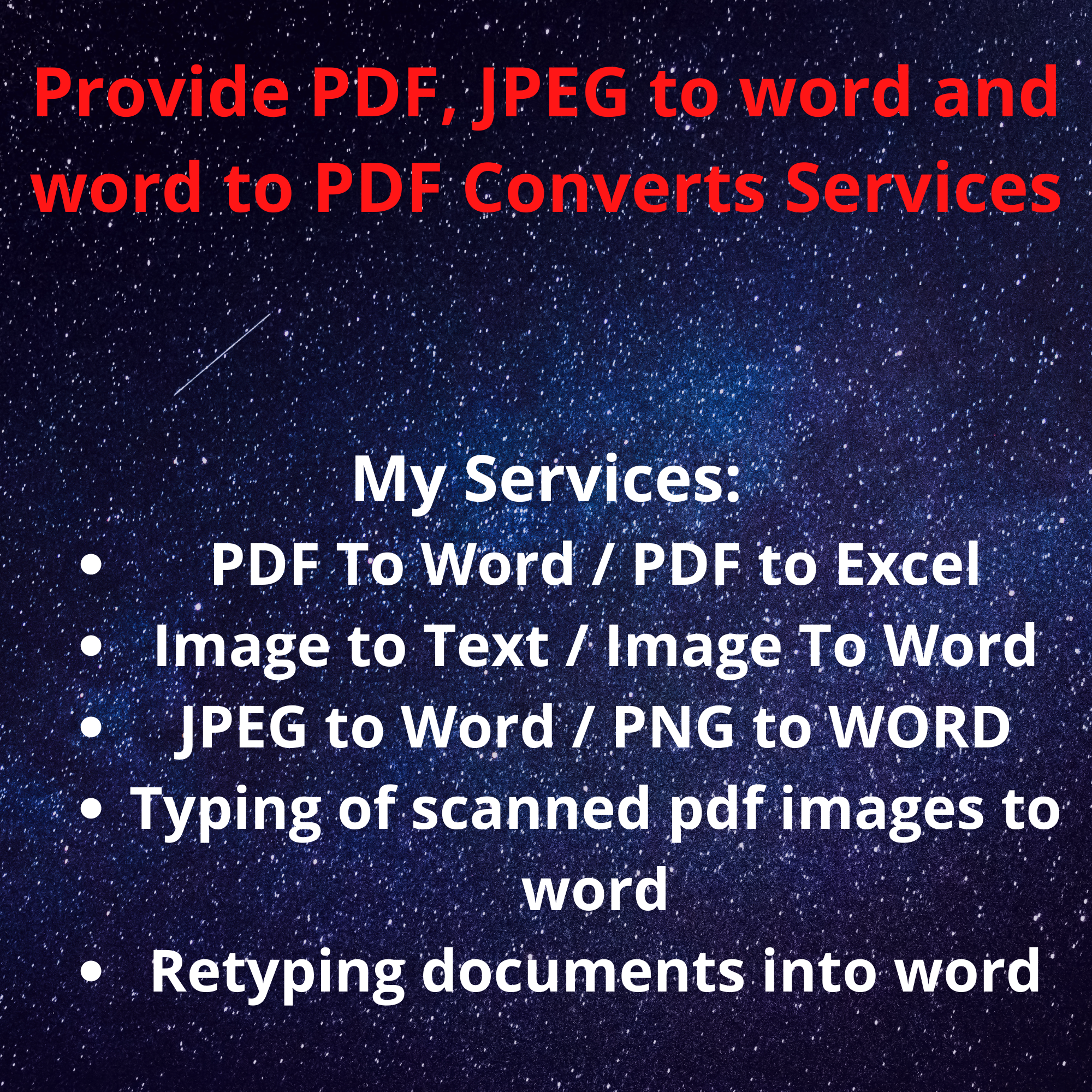 I will provide PDF, JPEG to word and word to PDF Con...