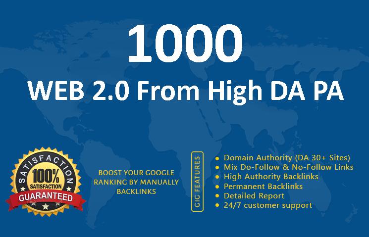 1000 Web 2.0 Backlinks from high DA PA for google ran...