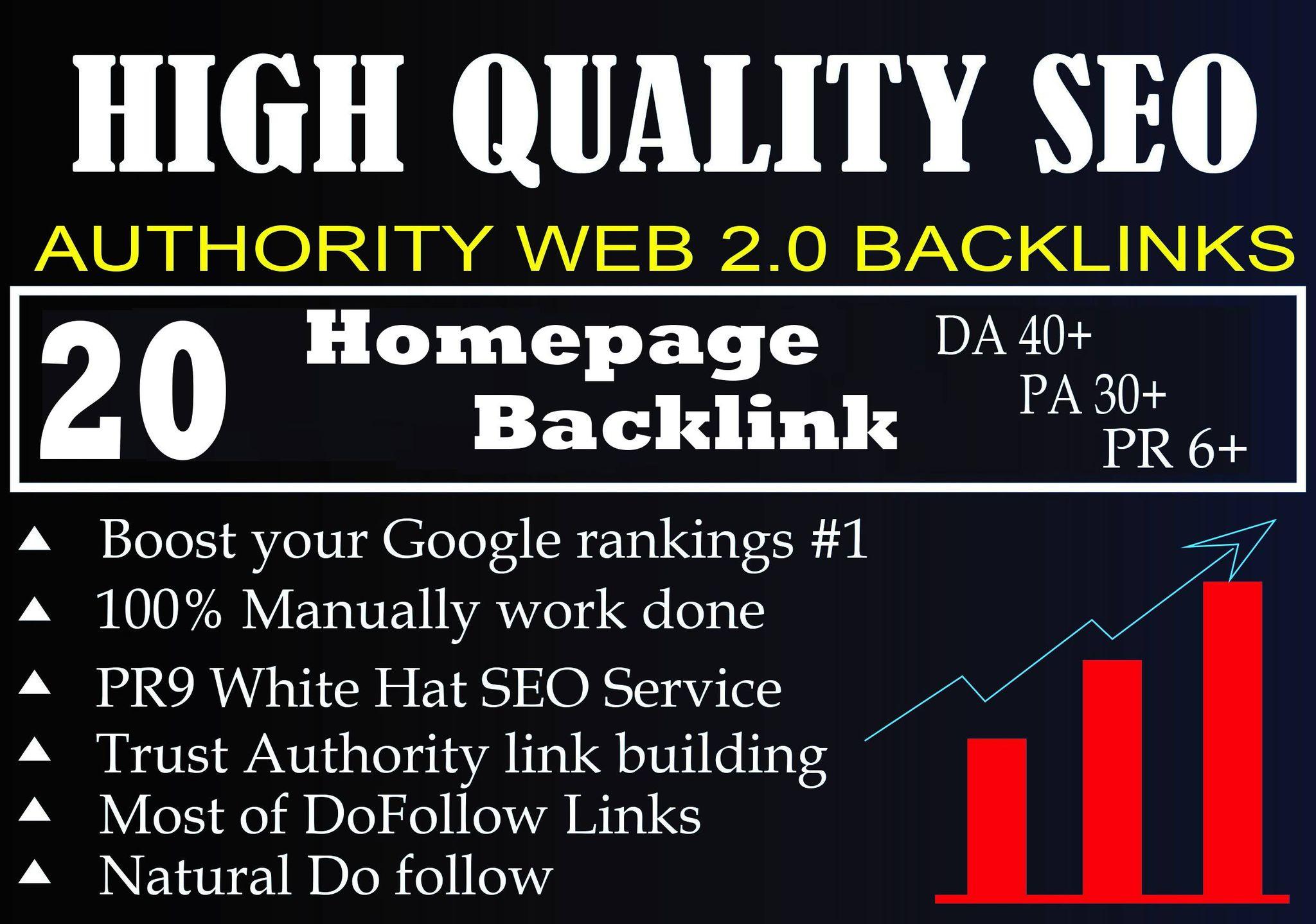 DA 40+ PA 30+ PR 6+ Web2.0 20 homepage Backlink in 10...