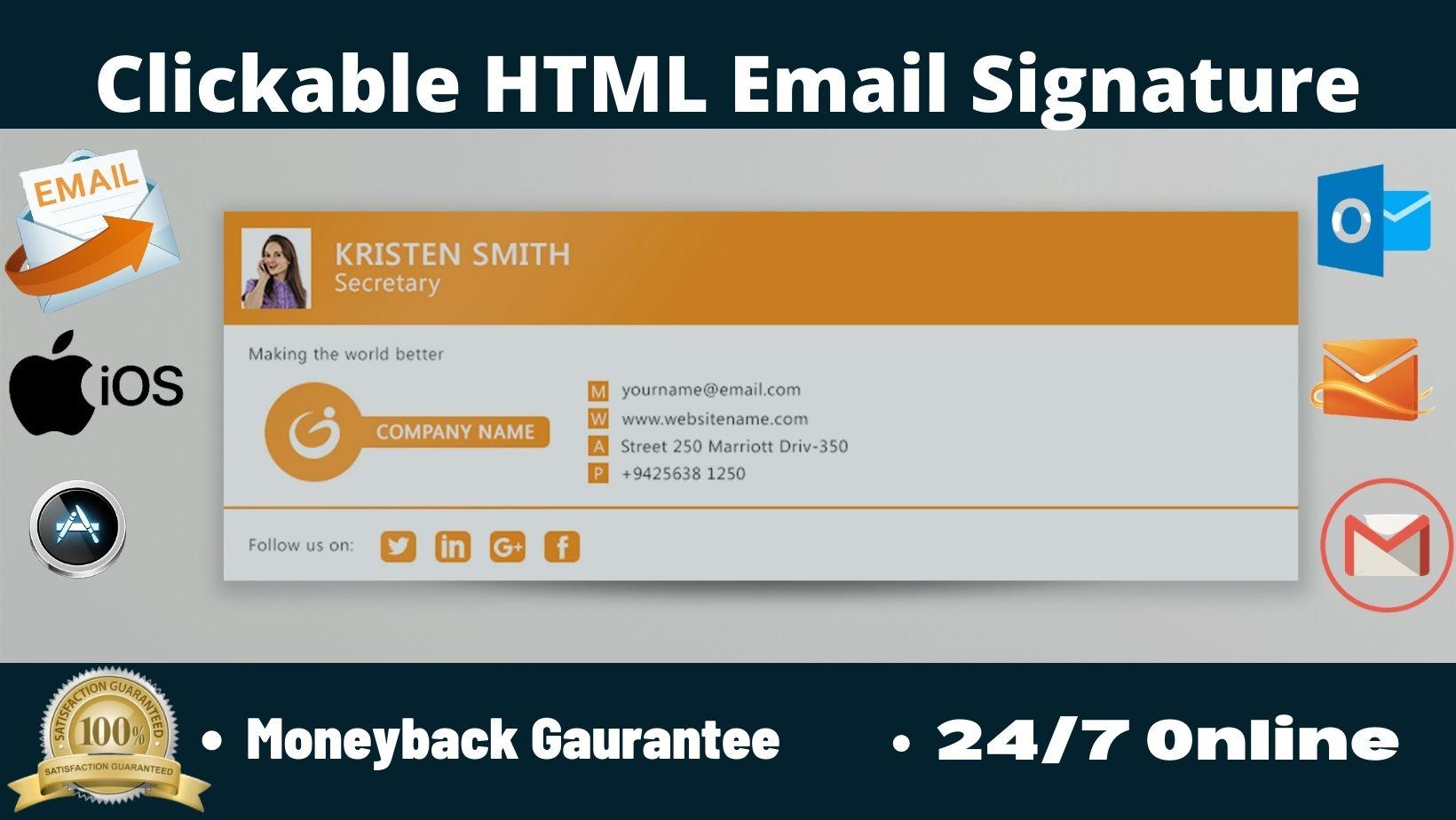 I will create clickable HTML email signature for outl...
