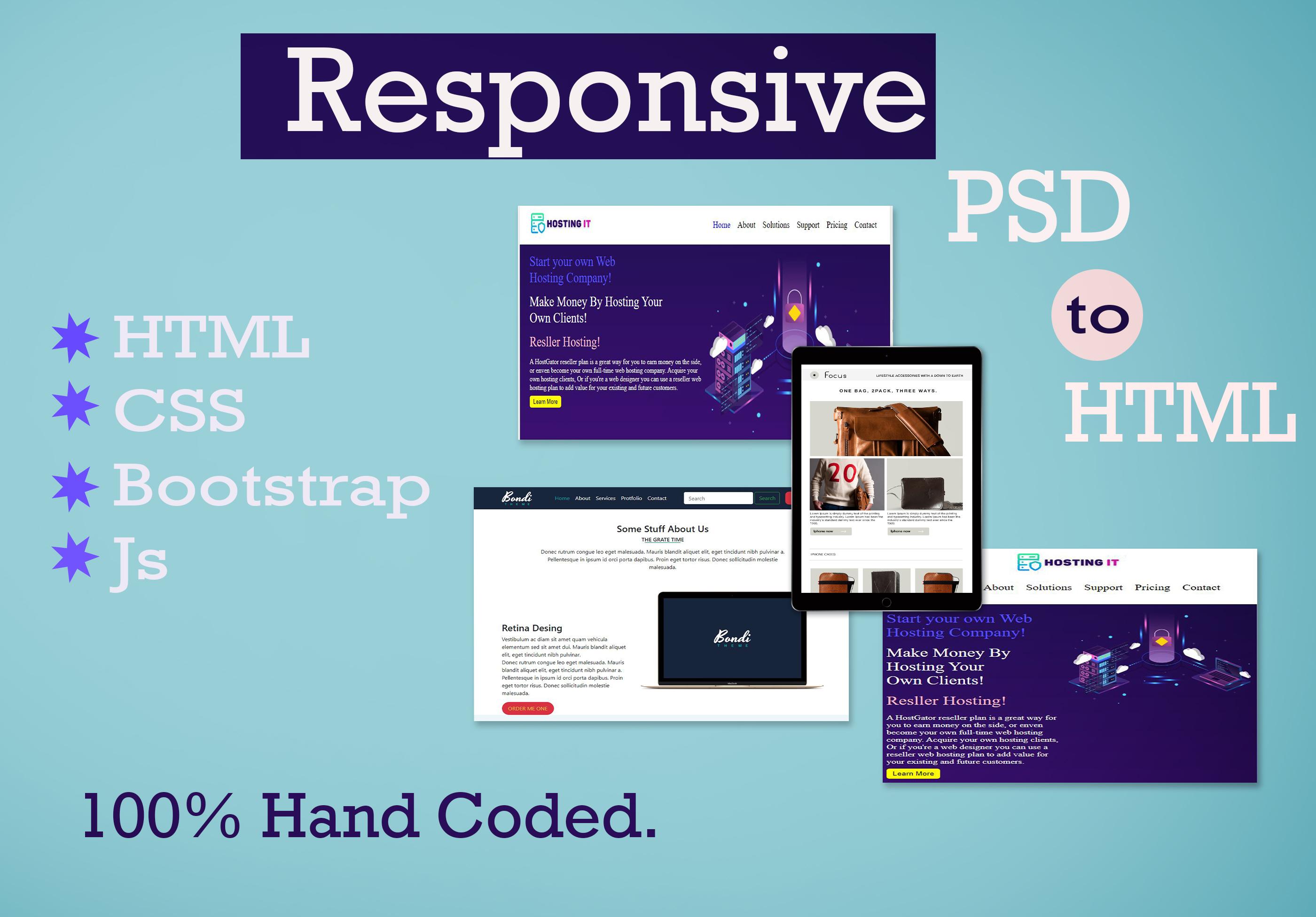 Convert PSD to HTML with Responsive webpage. Html. Cs...