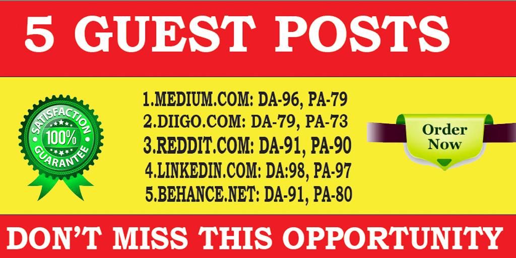 I will Write And Publish 5 Guest Posts on 5 High Actu...