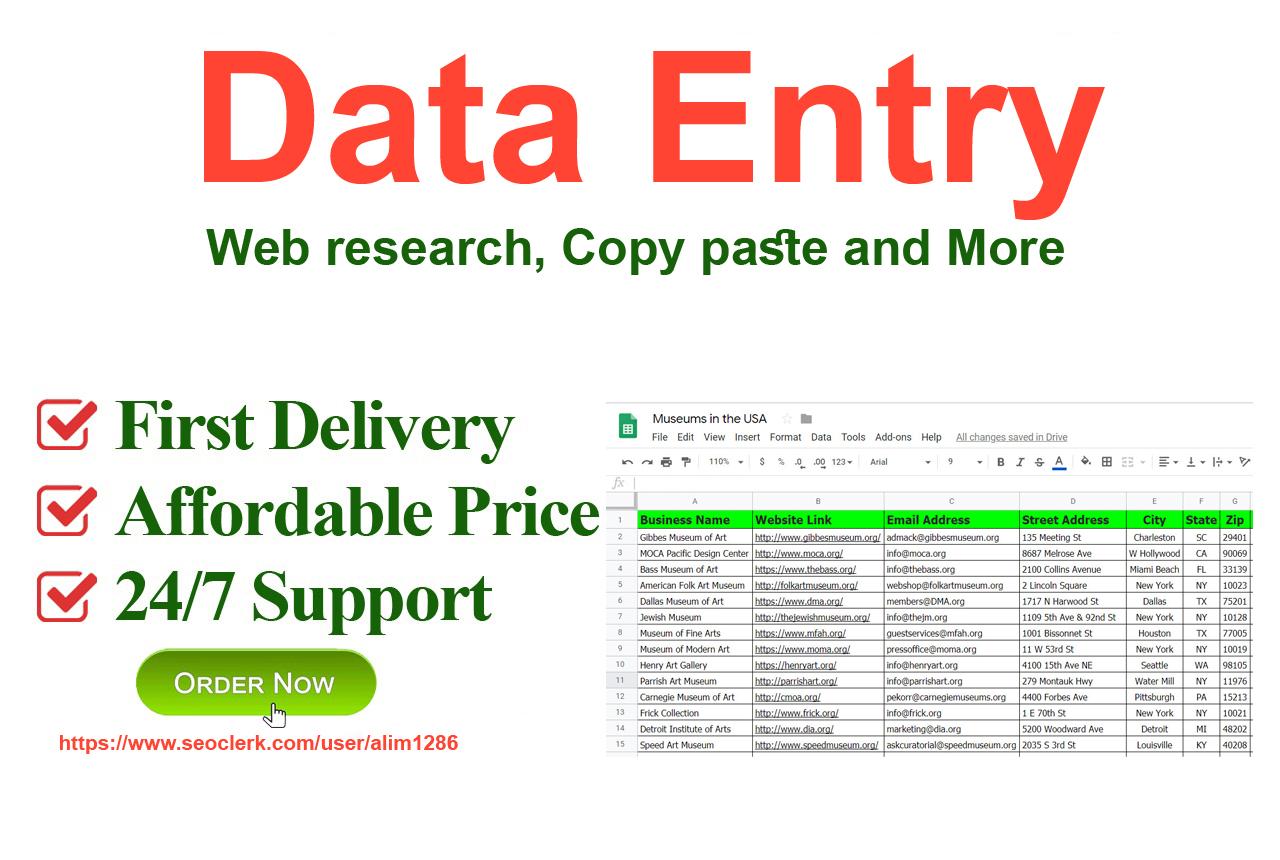 I will do perfect data entry, web research, copy pa...