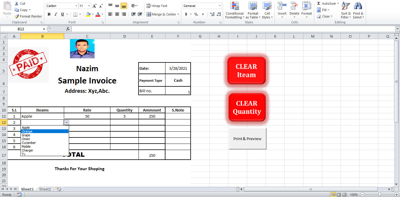 I will design auto calculation invoice in Microsoft e...