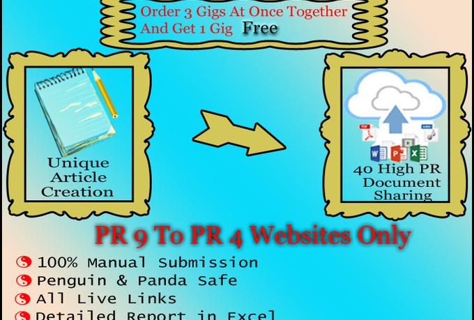 create 3 unique articles and upload to 120 high pr do...