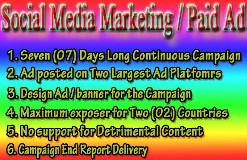 Social Media Marketing / Paid Ad for Seven Days