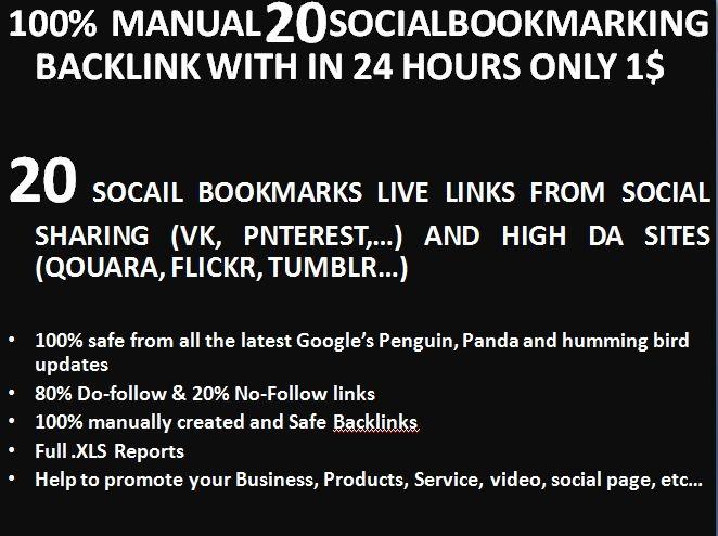  Instant 20 live Manually Social Bookmarking links for you Website or page or video within 24 hours 