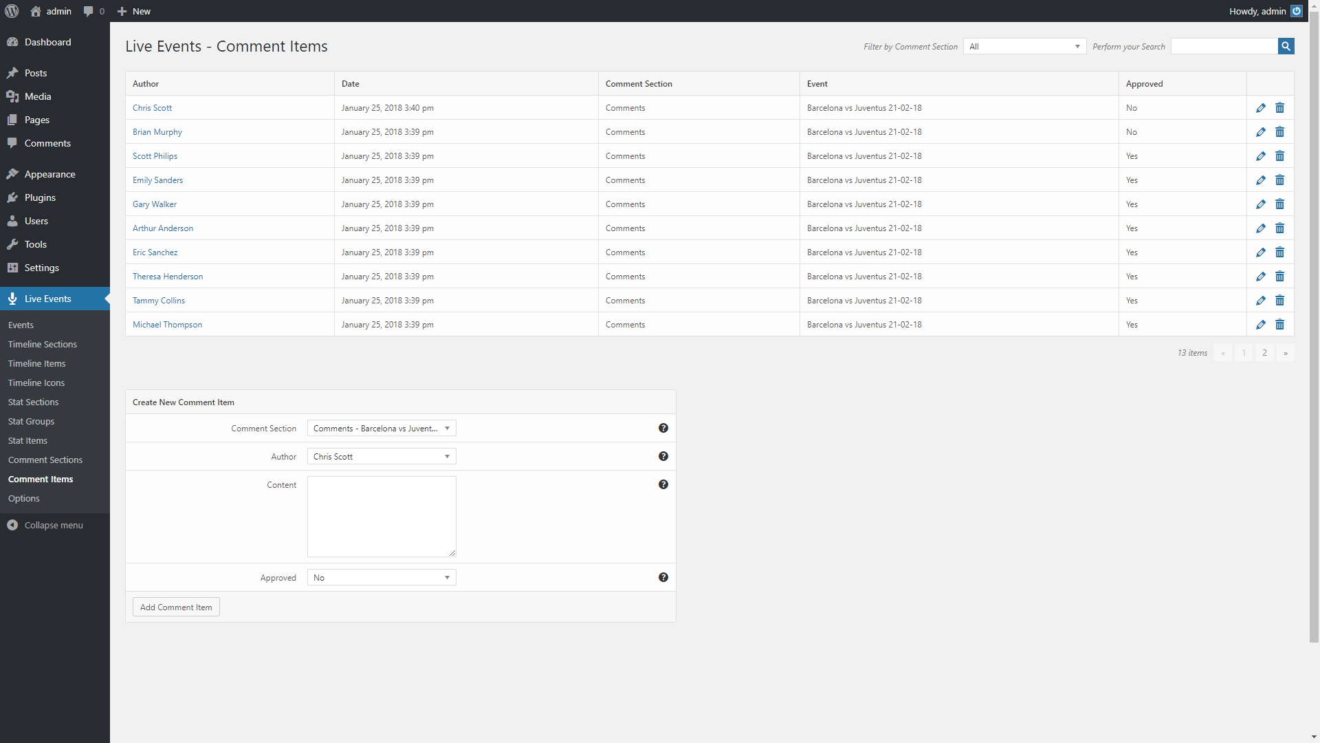 Live Events -The highly sensitive customizable live commentary Wordpress Plugin