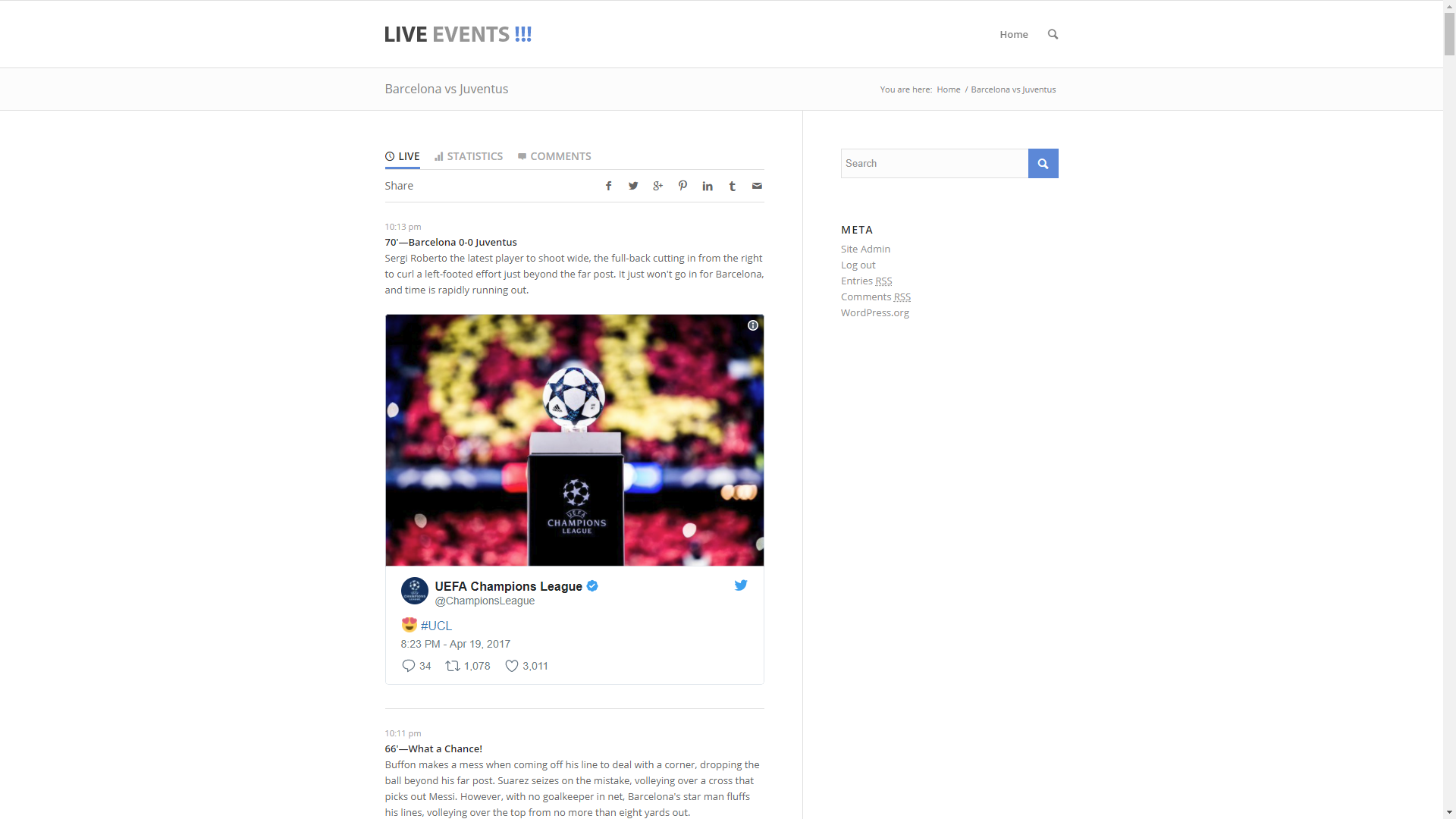 Live Events -The highly sensitive customizable live commentary Wordpress Plugin