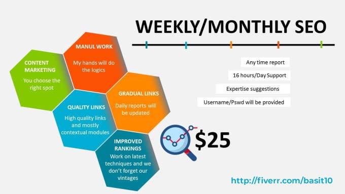 I will do weekly 7 days monthly SEO backlink building