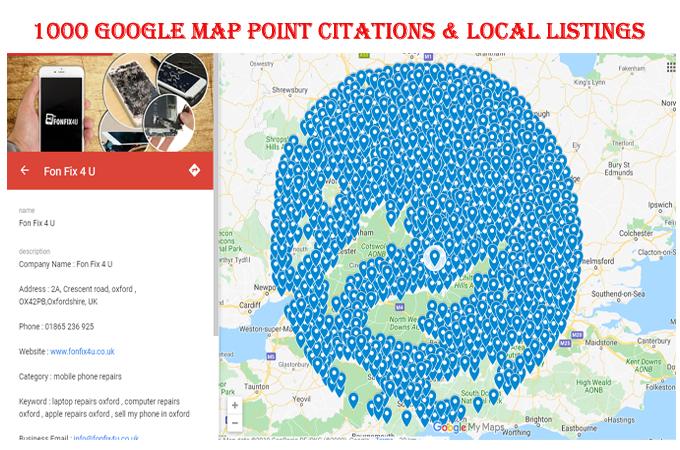 I will manually do 1000 Google map point citations with 10 local listings for any country