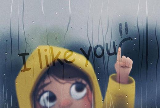 I will make little girl write your 3 words on wet glass surface