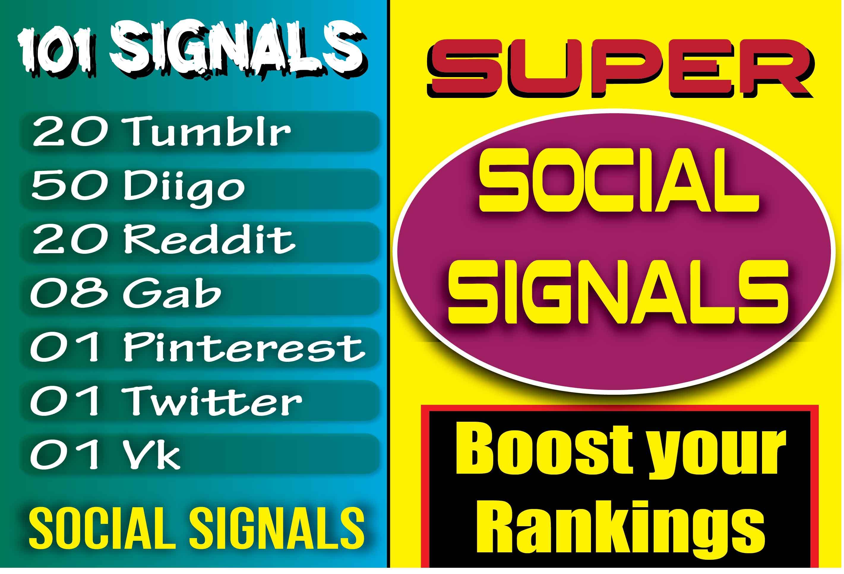 20 Tumblr, 50 Diigo, 20 Reddit, 8 gab, 1 Pinterest, 1 Twitter & 1 Vk Signals to Google 1 Rankings