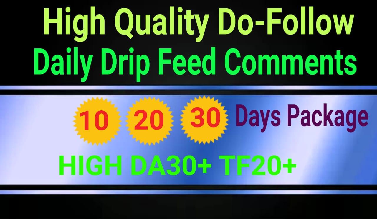 Create Daily Drip Feed 10 All Unique High Domain Authority Do-follow Comments Backlinks for 30 days