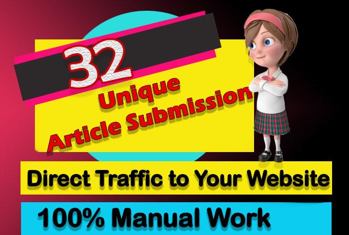 I will create 32 unique article submission with high da backlinks