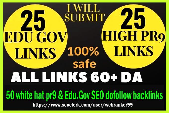 I will submit 50 white hat pr9 & Edu.Gov SEO dofollow backlinks, link building