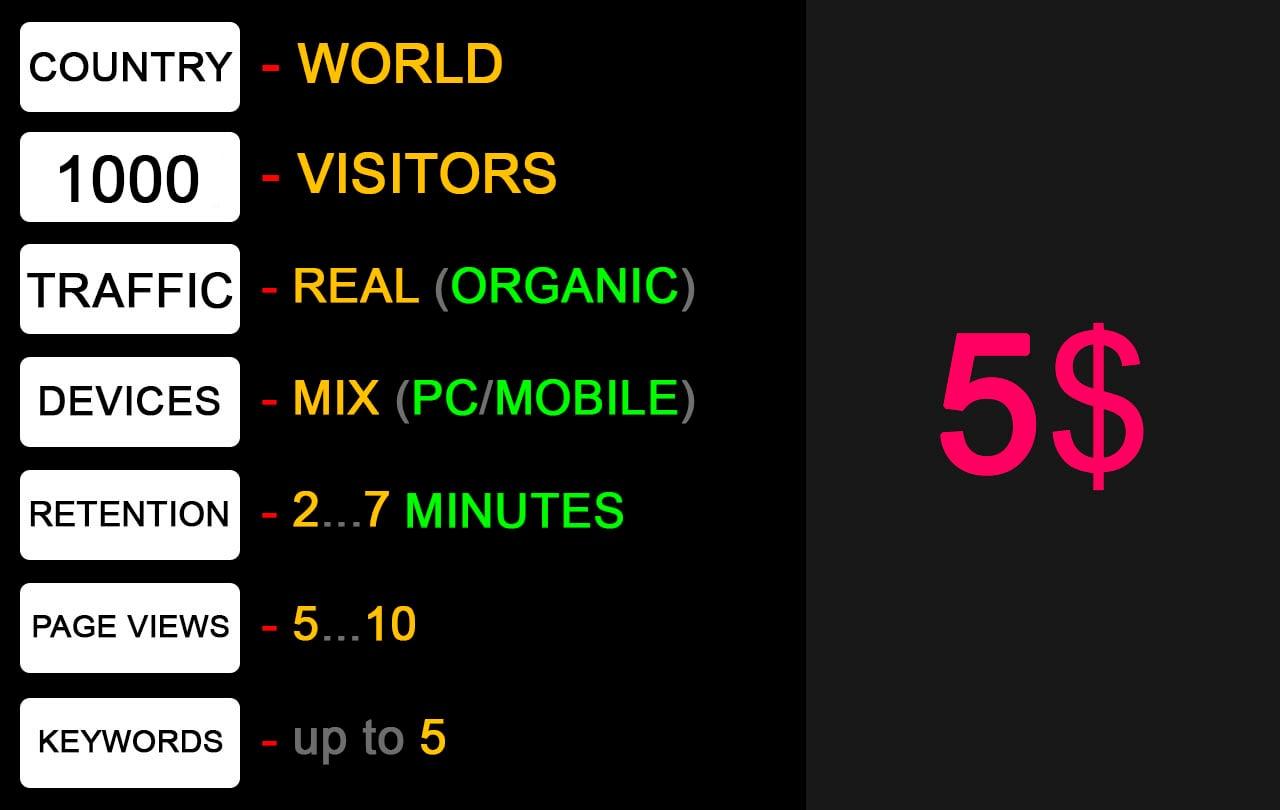 1000 real organic visitors, 2-7 minutes, 5-10 pages