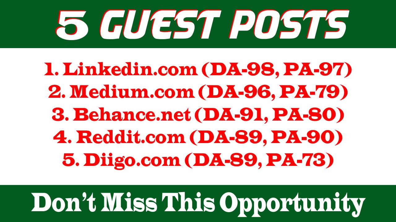 Write and Publish 5 Guest Posts DA 85+ With Permanent Backlinks