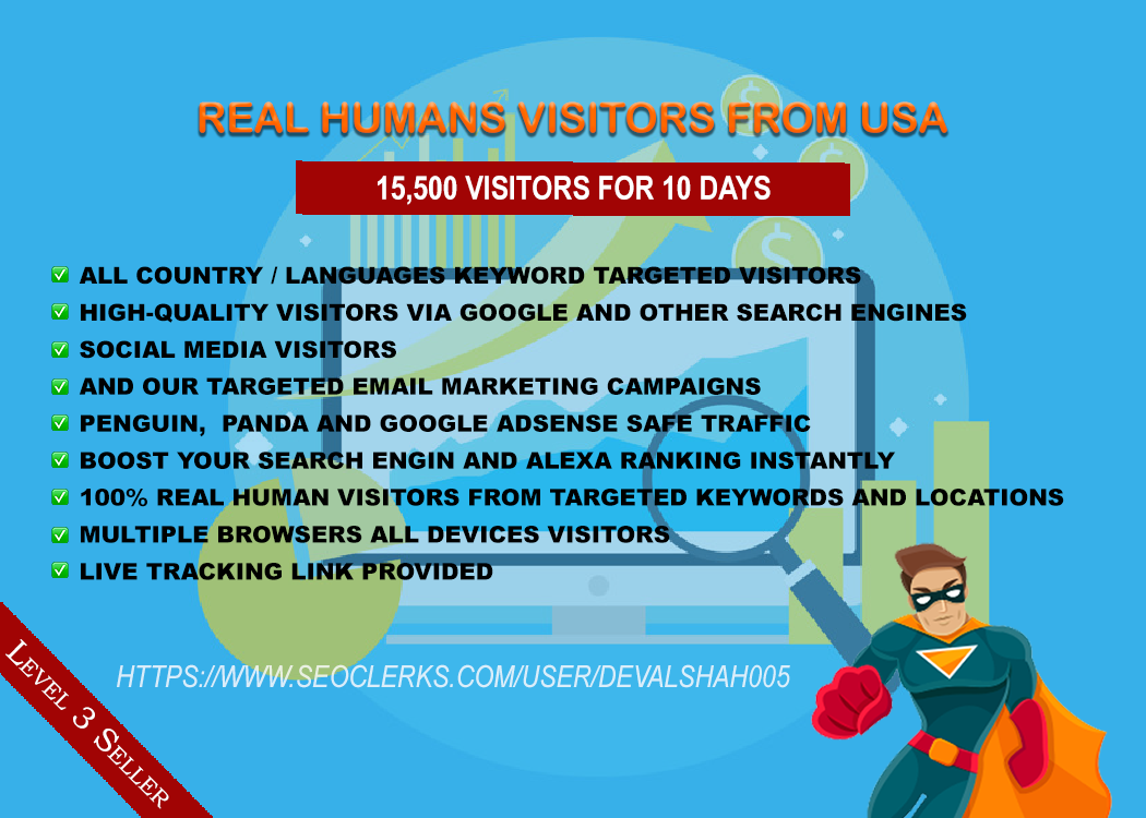 I well send 15,500+ Organic Real Humans Google and Social media Traffic from the USA to your Website