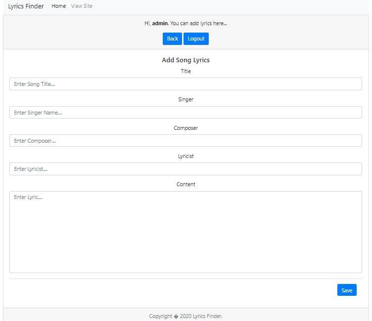 Music Lyrics Finder PHP Script with Admin Panel