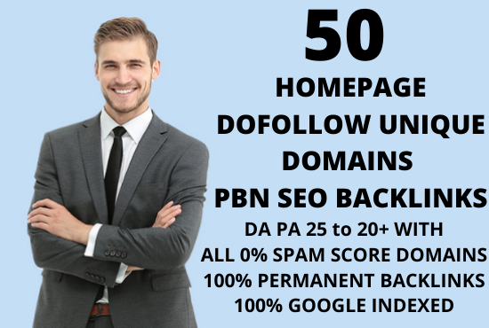 I will create 50 Homepage Dofollow permanent unique domains PBN backlinks on DA 20+ domains