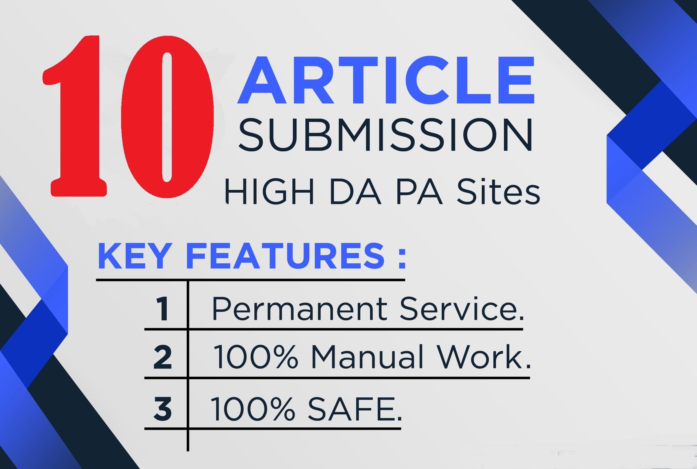 I will provide 10 unique article submission with high DA PA backlinks