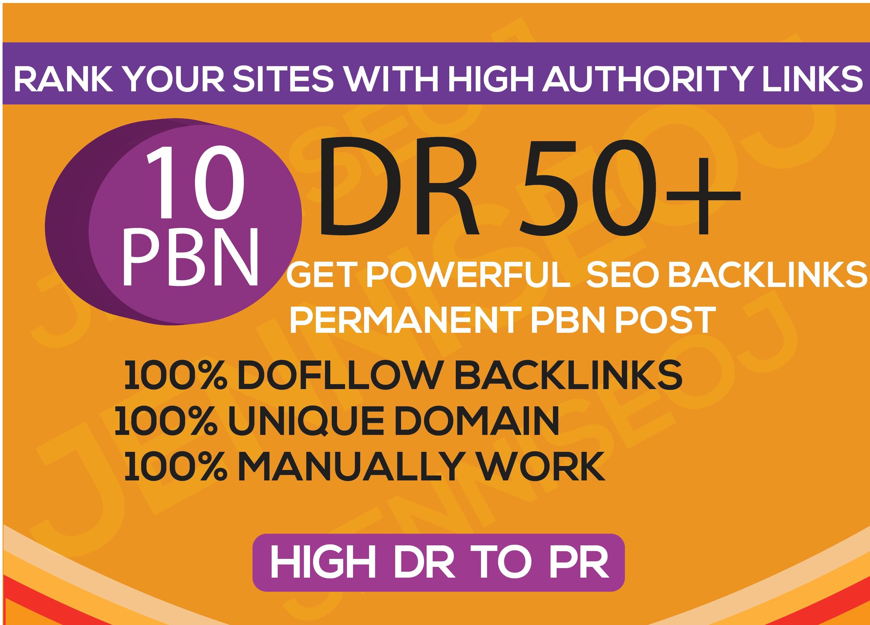 I will 10 PBN DR 50+ dofollow permanent homepage pbn backlinks