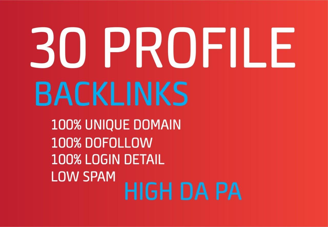 I will give Unique Domain 30 Profile Backlinks with High authority DA PA 