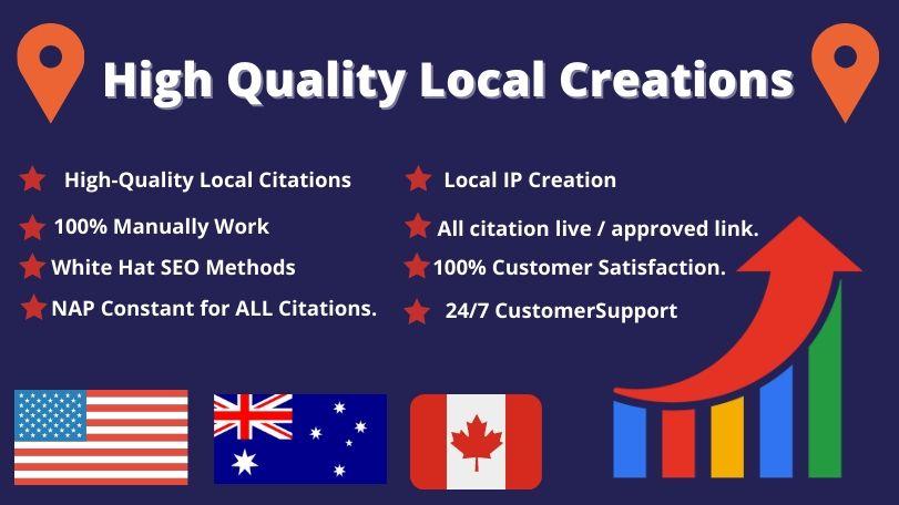 I will create 20 USA, UK, CA, AUS local listing or local citations for local SEO
