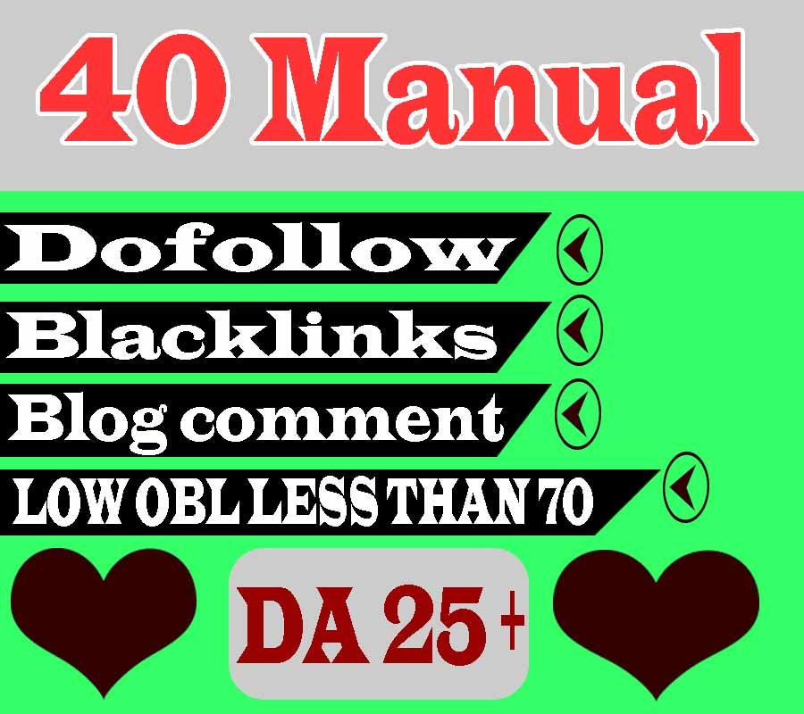 I Will Create 40 Manual Dofollow Blog Comment Backlinks DA 25+ Low OBL Less Than 70