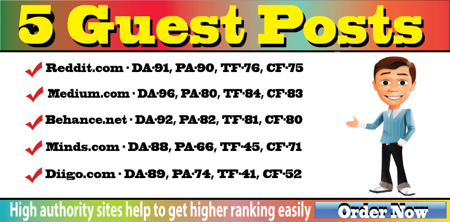 Write and publish 5 guest posts on Reddit, Medium, Behance, Minds, Diigo with high DA
