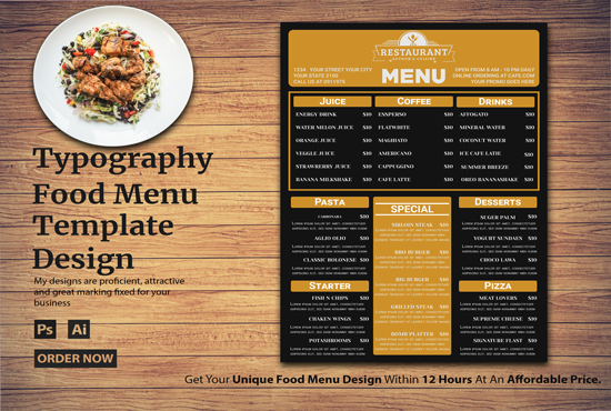 I will design delicious restaurant menu for you within 19 hours