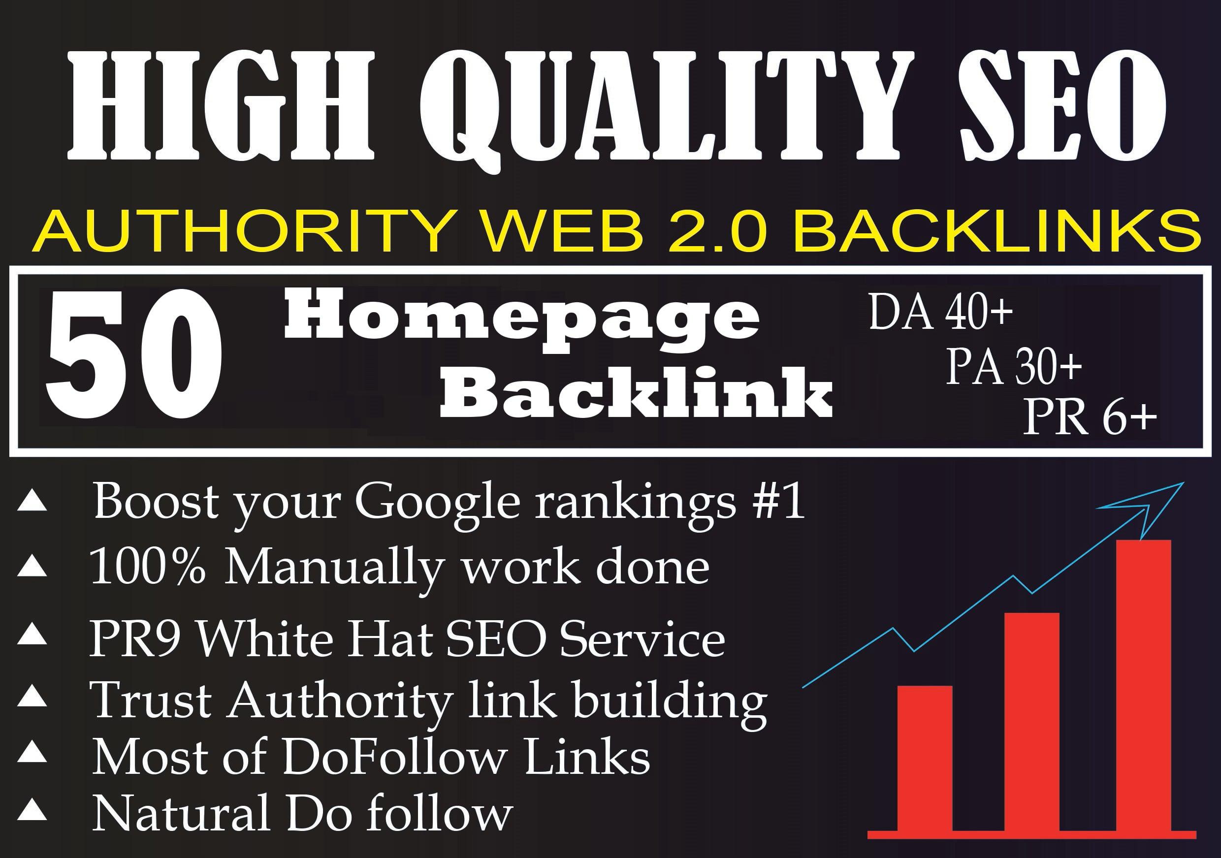DA 40+ PA 30+ PR 6+ Web2.0 50 homepage Backlink in 100% dofollow in unique site