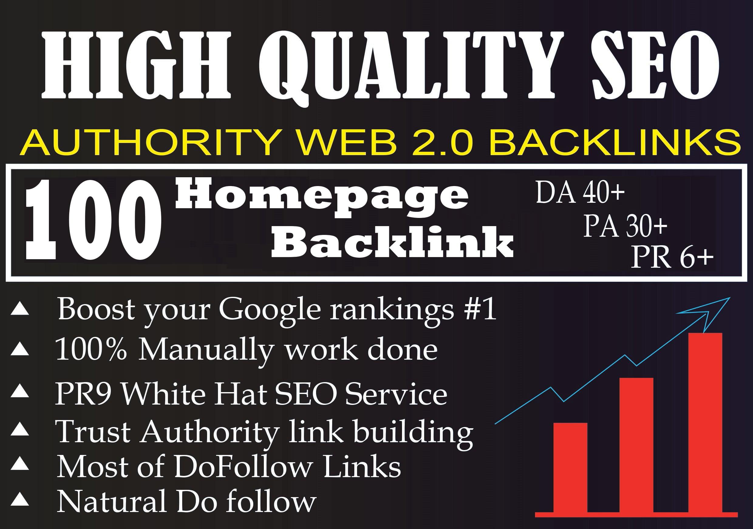 I Will Provide DA 40+ PA 30+ PR 6+ Web2.0 100+ homepage Backlink in 100 do-follow in unique site