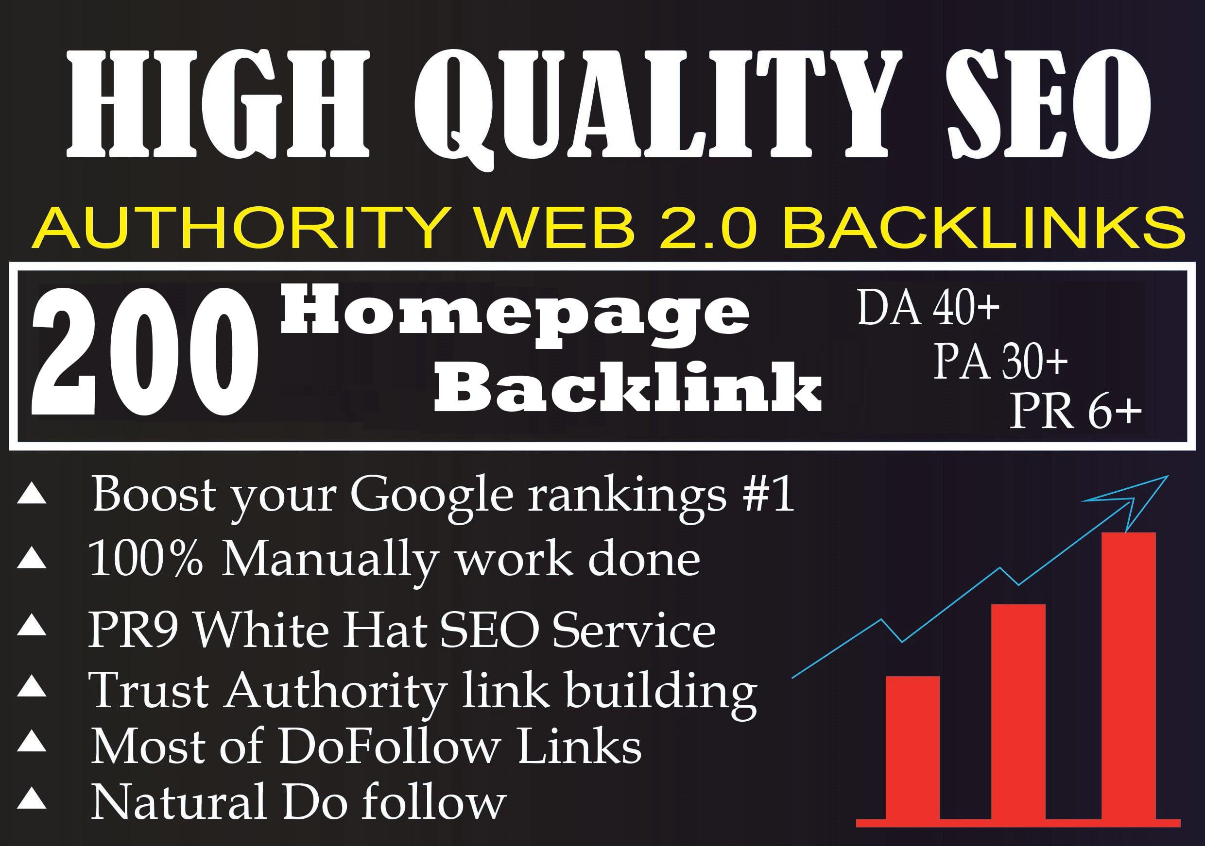 I Will Provide DA 40+ PA 30+ PR 6+ Web2.0 200 homepage Backlink in 100 do-follow in unique site