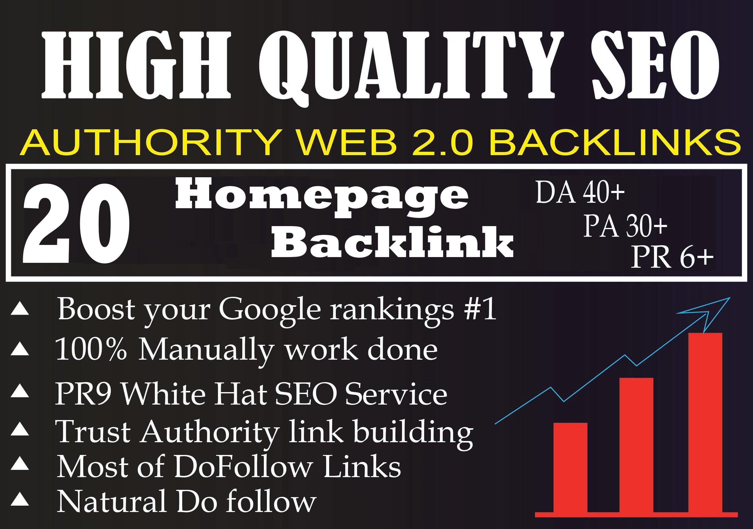 I Will Provide DA 40+ PA 30+ PR 6+ Web2.0 20 homepage Backlink in 100 do-follow in unique site