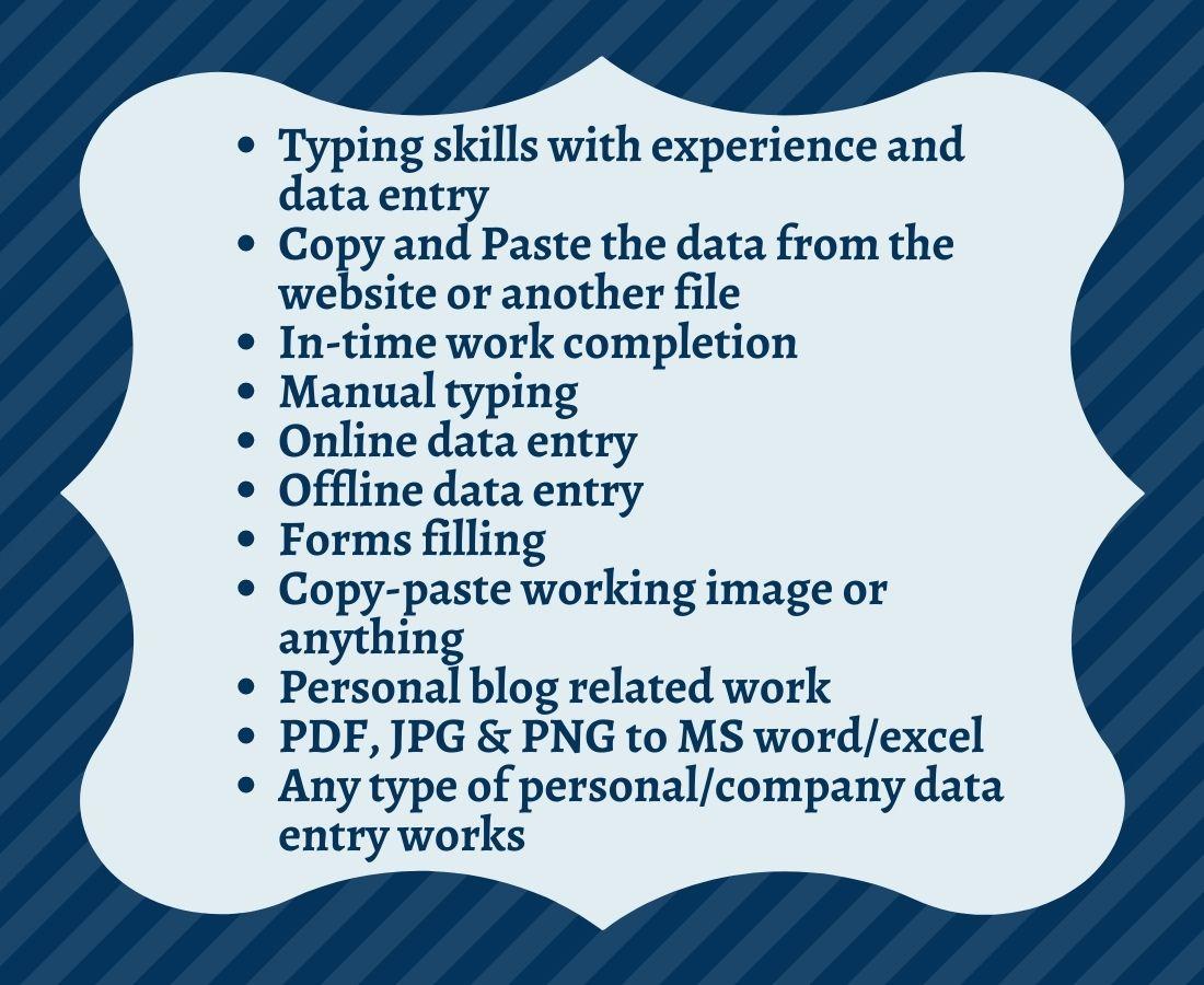 Data Entry, Copy Paste, Typing, MS Excel, MS Word, Text Document, Google sheet Etc. in 24 hours.