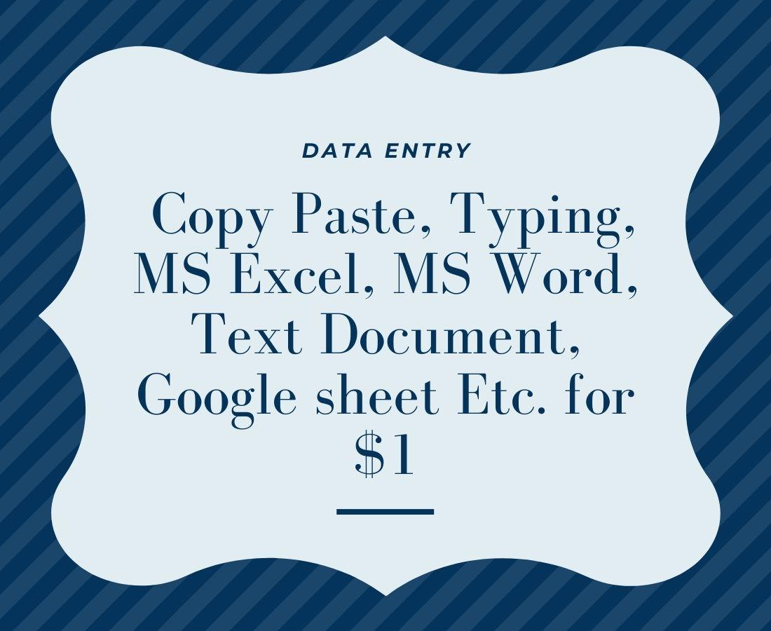 Data Entry, Copy Paste, Typing, MS Excel, MS Word, Text Document, Google sheet Etc. in 24 hours.