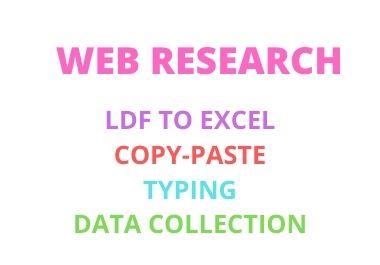 I will do Web Research, Data Entry, Data scrapping, PDF to Excel, PDF to word, Copy-Paste and Typing