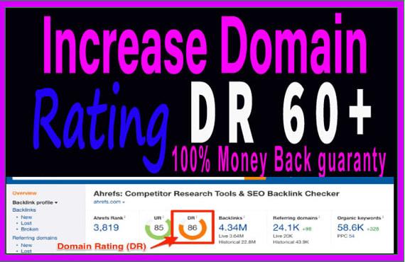 I will increase domain Rank DR and DA ahref from 0 to 60 